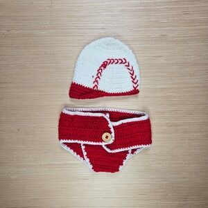 So'Dorable Baseball Diaper Cover Set Kids 0-6M Red White Crochet Newborn Photo